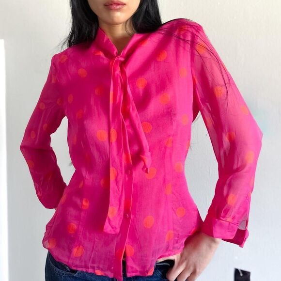 90s silk pink and orange polka dot button up long sleeve blouse with sheer - Picture 3 of 5